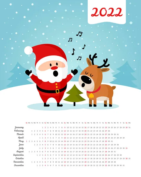 Calendrier 2022 Année Père Noël Avec Des Cerfs Chantant Près — Image vectorielle