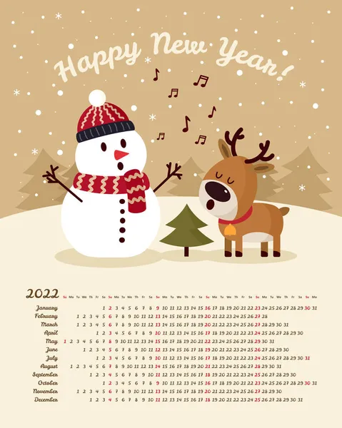 Kalendář 2022 Rok Sněhulák Jelenem Zpívající Píseň Vánočního Stromku Veselé — Stockový vektor