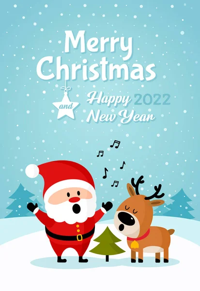 Santa Claus Con Ciervos Cantando Cerca Del Árbol Navidad Feliz — Archivo Imágenes Vectoriales
