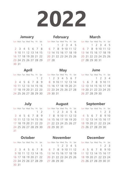 Calendar 2022 Year Black White Vector Template Week Starts Sunday — Stock Vector