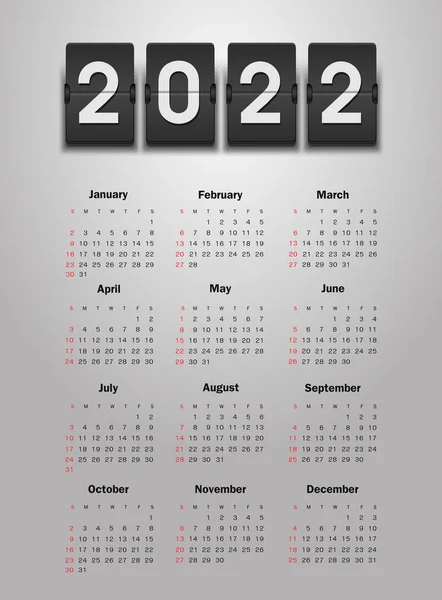 Calendar 2022 Year Color Vector Template Week Starts Sunday Basic — Stock Vector