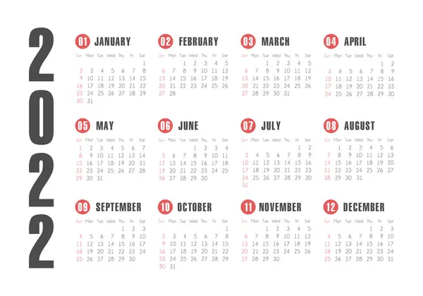 Calendario 2022 Año Plantilla Vector Blanco Negro Semana Comienza Domingo — Vector de stock