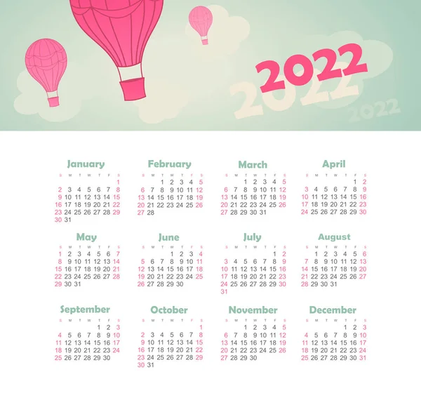 Moderner Vektorkalender 2022 Jahr Mit Ballon Himmel Wolke Aerostat Farbvektorvorlage — Stockvektor