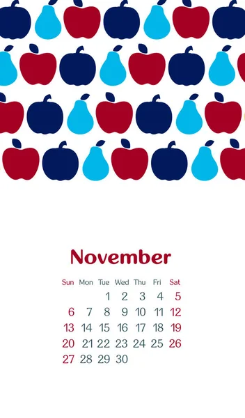 カレンダー2022年11月 週は日曜日から始まります リンゴと梨の収穫で描かれた手 Eps — ストックベクタ