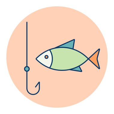 Balık vektörü izole edilmiş ikon ile balık oltası. Kamp ve yürüyüş işareti. Seyahat ve turizm web sitesi ve uygulama tasarımı, logo, uygulama, UI için grafik sembolü