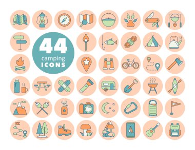 Kamp, yürüyüş, doğa ve doğa aktiviteleri simgeleri ayarlandı. Seyahat ve turizm web sitesi ve uygulama tasarımı, logo, uygulama, UI için grafik sembolü