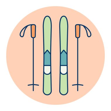 Kayak ve çubuk vektör izole ikonu. Kış işareti. Seyahat ve turizm web sitesi ve uygulama tasarımı, logo, uygulama, UI için grafik sembolü