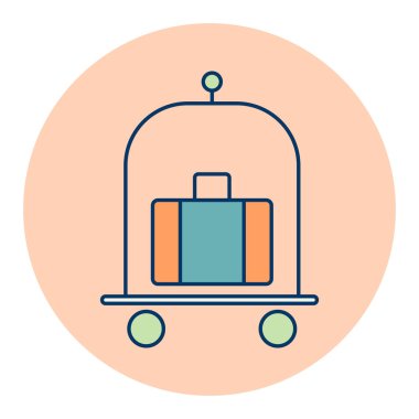 Bagajlar, bavullar, tramvay düz vektör ikonu. Otel tabelası. Seyahat ve turizm web sitesi ve uygulama tasarımı, logo, uygulama, UI için grafik sembolü