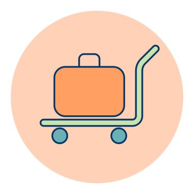 Bagajlar, bavullar, tramvay düz vektör ikonu. Otel tabelası. Seyahat ve turizm web sitesi ve uygulama tasarımı, logo, uygulama, UI için grafik sembolü