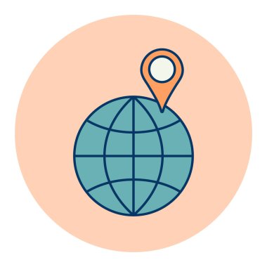 Pin vektörü izole edilmiş ikona sahip dünya. Navigasyon işareti. Seyahat ve turizm web sitesi ve uygulama tasarımı, logo, uygulama, UI için grafik sembolü
