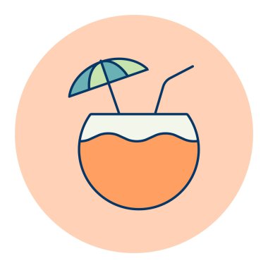 Hindistan cevizi kokteyli yassı vektör izole ikonu. Yaz tabelası. Seyahat ve turizm web sitesi ve uygulama tasarımı, logo, uygulama, UI için grafik sembolü