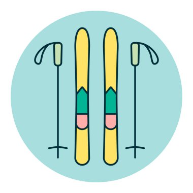 Kayak ve çubuk vektör simgesi. Kış işareti. Seyahat ve turizm web sitesi ve uygulama tasarımı, logo, uygulama, UI için grafik sembolü