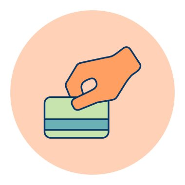 Satın alma sırasında düz simge sırasında kredi kartını elle geçirin. İş tabelası. Web sitenizin tasarımı için grafik sembolü, logo, uygulama, UI. Vektör illüstrasyonu, EPS10.