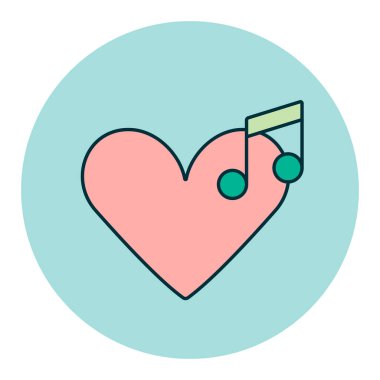 Müzik rengi düz simge gibi. Müzik notası ikonu, kalp işareti olan müzik ikonu. Müzikal not simgesi ve favori, aşk, bakım sembolü gibi.
