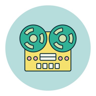 Nostaljik klasik bobbin teyp kaydedici cihaz renk vektörü düz simgesi. Müzik ve ses web sitesi için grafik sembolü ve uygulama tasarımı, logo, uygulama, UI
