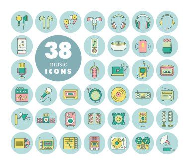 Çokluortam aygıtları ve düz renk sembolleri ayarlandı. Müzik ve ses web sitesi için grafik sembolü ve uygulama tasarımı, logo, uygulama, UI