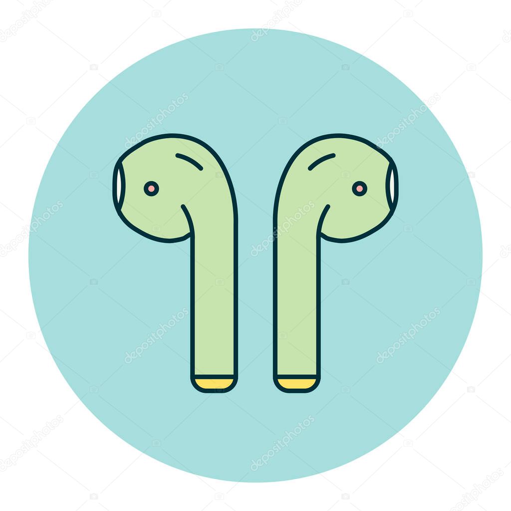 Airpods wireless headphones color vector flat icon. Music sign. Graph symbol for music and sound web site and apps design, logo, app, UI