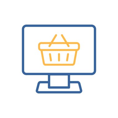 Alışveriş arabasının düz simge vektörüyle bilgisayar görüntüsü. Çevrimiçi alışveriş sepeti sembolü, logo çizimi. E-ticaret işareti