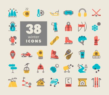 Kış vektör simgesi ayarlandı. Seyahat ve turizm web sitesi ve uygulama tasarımı, logo, uygulama, UI için grafik sembolü