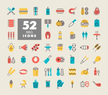 Barbekü ve barbekü ikonu seti. Yemek pişirme web sitesi ve uygulama tasarımı, logo, uygulama, UI için grafik sembolü