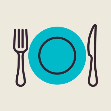 Yemek tabağı, bıçak ve çatal vektör rengi düz simge. Yemek pişirme web sitesi tasarımı, logo, uygulama, UI için grafik sembolü