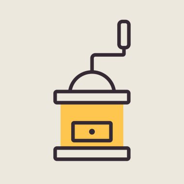 Tahta kutu vektör rengi düz simgede klasik kahve öğütücü. Mutfak aletleri. Yemek pişirme web sitesi tasarımı, logo, uygulama, UI için grafik sembolü