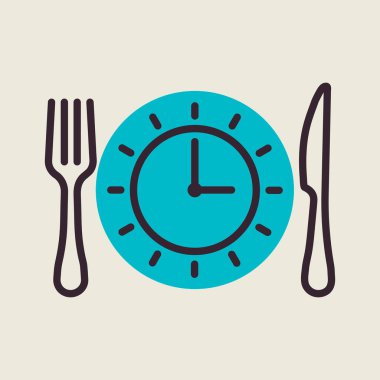 Bıçak ve çatalla kaplanmış düz bir saat simgesi. Teslimat tabelası. Yemek pişirme web sitesi ve uygulama tasarımı, logo, uygulama, UI için grafik sembolü