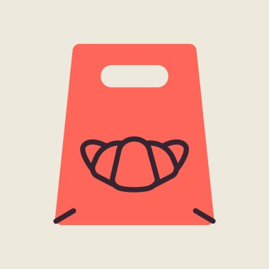 Fast food teslimatı kağıt torba vektör düz simgesini kaldırdı. Kruvasan sembolü. Teslimat tabelası. Yemek pişirme web sitesi ve uygulama tasarımı, logo, uygulama, UI için grafik sembolü