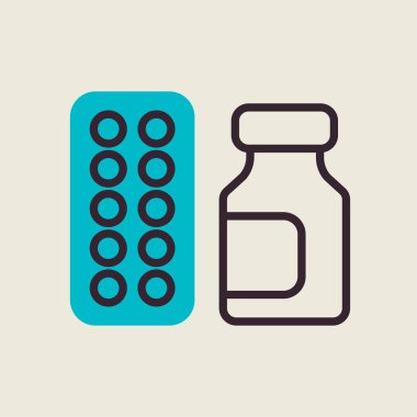 İlaç kavanozu ve hap vektör ikonu. Tıbbi işaret. Coronavirus. Tıbbi web sitesi ve uygulama tasarımı için grafik sembolü, logo, uygulama, UI