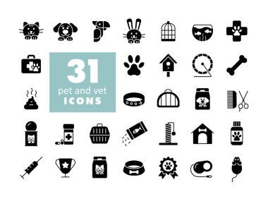 Evcil hayvan ve veteriner vektör sembol seti. Evcil hayvan ve veteriner web sitesi ve uygulama tasarımı, logo, uygulama, UI için grafik sembolü