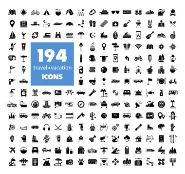 194 seyahat tatil vektör simgesi ayarlandı. Seyahat ve turizm web sitesi ve uygulama tasarımı, logo, uygulama, UI için grafik sembolü