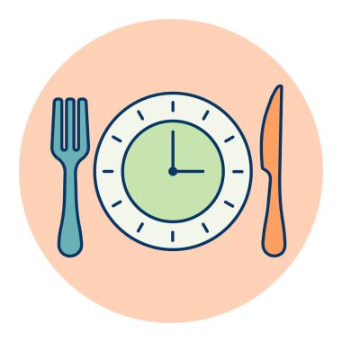 Bıçak ve çatalla kaplanmış düz bir saat simgesi. Teslimat tabelası. Yemek pişirme web sitesi ve uygulama tasarımı, logo, uygulama, UI için grafik sembolü