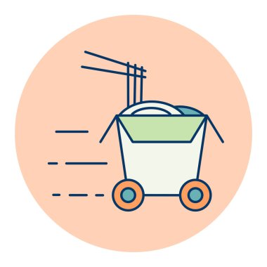 Tekerlekli wok kutusu vektör düz simgesi. Teslimat tabelası. Yemek pişirme web sitesi ve uygulama tasarımı, logo, uygulama, UI için grafik sembolü