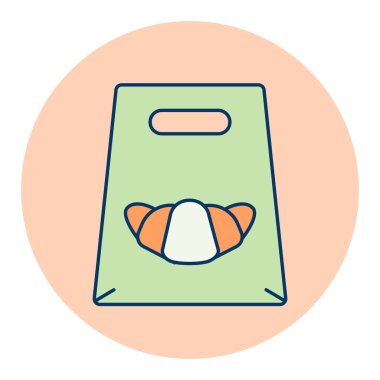 Fast food teslimatı kağıt torba vektör düz simgesini kaldırdı. Kruvasan sembolü. Teslimat tabelası. Yemek pişirme web sitesi ve uygulama tasarımı, logo, uygulama, UI için grafik sembolü