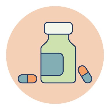 İlaç şişesi ve haplar vektör düz simge. Meditasyon. İlaç ve tıbbi destek işareti. Tıbbi web sitesi ve uygulama tasarımı için grafik sembolü, logo, uygulama, UI