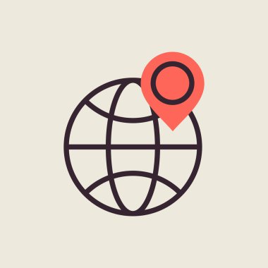 Dünya gezegeni ve konum belirleyicisi vektör ikonunda. Uluslararası teslimat. E-ticaret tabelası. Web sitenizin tasarımı için grafik sembolü, logo, uygulama, UI