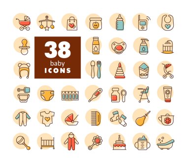 Bebeğim, beslenme ve bakım ikonları hazır. Çocuklar ve yeni doğmuş bebekler için grafik sembolü Web sitesi ve uygulama tasarımı, logo, uygulama, UI