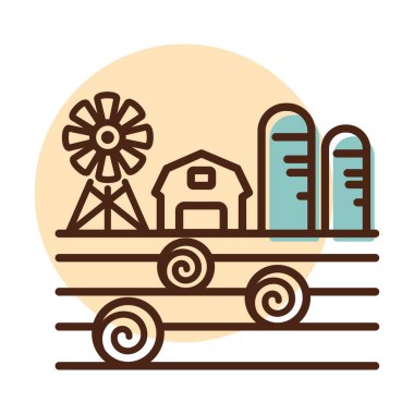 Çiftlik manzarası, ahır, rüzgar pompası, saman yığını ve ambar ikonu. Tarım işareti. Web sitenizin tasarımı için grafik sembolü, logo, uygulama, UI. Vektör illüstrasyonu, EPS10.