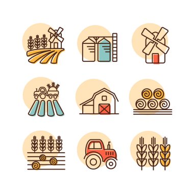 Çiftlik alanı ikonu. Tarım işareti. Web sitenizin tasarımı için grafik sembolü, logo, uygulama, UI. Vektör illüstrasyonu, EPS10