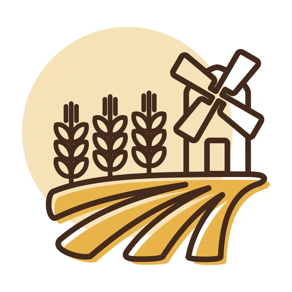 Pole Větrným Mlýnem Ušima Pšeničné Ikony Značka Zemědělství Grafický Symbol — Stockový vektor