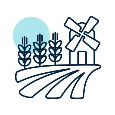 Yel değirmeni ve izole buğday ikonu olan bir tarla. Tarım işareti. Web sitenizin tasarımı için grafik sembolü, logo, uygulama, UI. Vektör illüstrasyonu, EPS10.