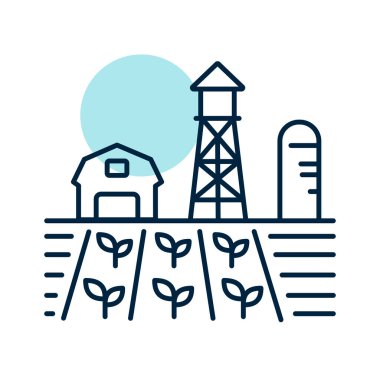 Çiftlik manzarası, ahır, rüzgar pompası, fide ve su kulesi izole vektör ikonu. Tarım işareti. Web sitenizin tasarımı için grafik sembolü, logo, uygulama, UI. Vektör illüstrasyonu, EPS10.