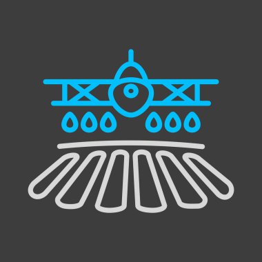 Tarla ilaçlama uçağı bir çiftlik ikonu püskürtüyor. Tarım işareti. Web sitenizin tasarımı için grafik sembolü, logo, uygulama, UI. Vektör illüstrasyonu, EPS10.