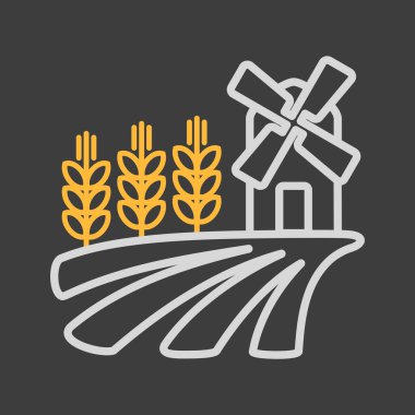 Yel değirmeni ve buğday ikonu olan bir tarla. Tarım işareti. Web sitenizin tasarımı için grafik sembolü, logo, uygulama, UI. Vektör illüstrasyonu, EPS10.