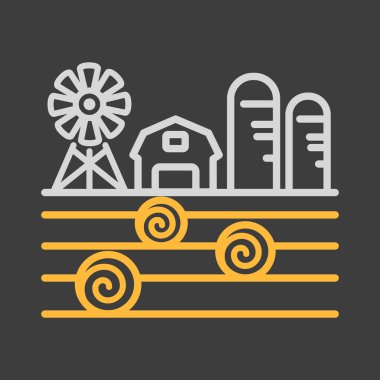 Çiftlik manzarası, ahır, rüzgar pompası, saman yığını ve ambar ikonu. Tarım işareti. Web sitenizin tasarımı için grafik sembolü, logo, uygulama, UI. Vektör illüstrasyonu, EPS10.