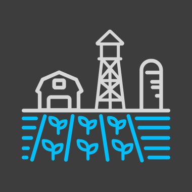 Çiftlik manzarası, ahır, rüzgâr pompası, fide ve su kulesi ikonu. Tarım işareti. Web sitenizin tasarımı için grafik sembolü, logo, uygulama, UI. Vektör illüstrasyonu, EPS10.