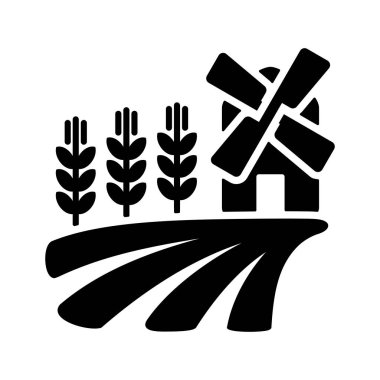 Yel değirmeni ve buğday sembolü kulaklı bir tarla. Tarım işareti. Web sitenizin tasarımı için grafik sembolü, logo, uygulama, UI. Vektör illüstrasyonu, EPS10.