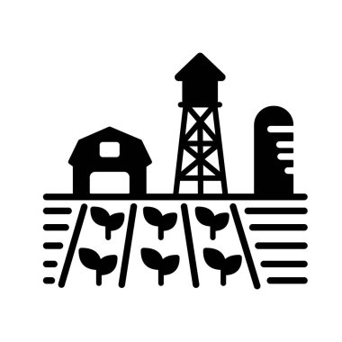 Çiftlik manzarası, ahır, rüzgâr pompası, fide ve su kulesi vektör simgesi. Tarım işareti. Web sitenizin tasarımı için grafik sembolü, logo, uygulama, UI. Vektör illüstrasyonu, EPS10.