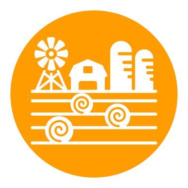 Çiftlik manzarası, ahır, rüzgar pompası, saman yığını ve düz ambar sembolü. Tarım işareti. Web sitenizin tasarımı için grafik sembolü, logo, uygulama, UI. Vektör illüstrasyonu, EPS10.