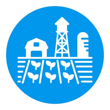 Çiftlik manzarası, ahır, rüzgâr pompası, fide ve su kulesi sembolü. Tarım işareti. Web sitenizin tasarımı için grafik sembolü, logo, uygulama, UI. Vektör illüstrasyonu, EPS10.